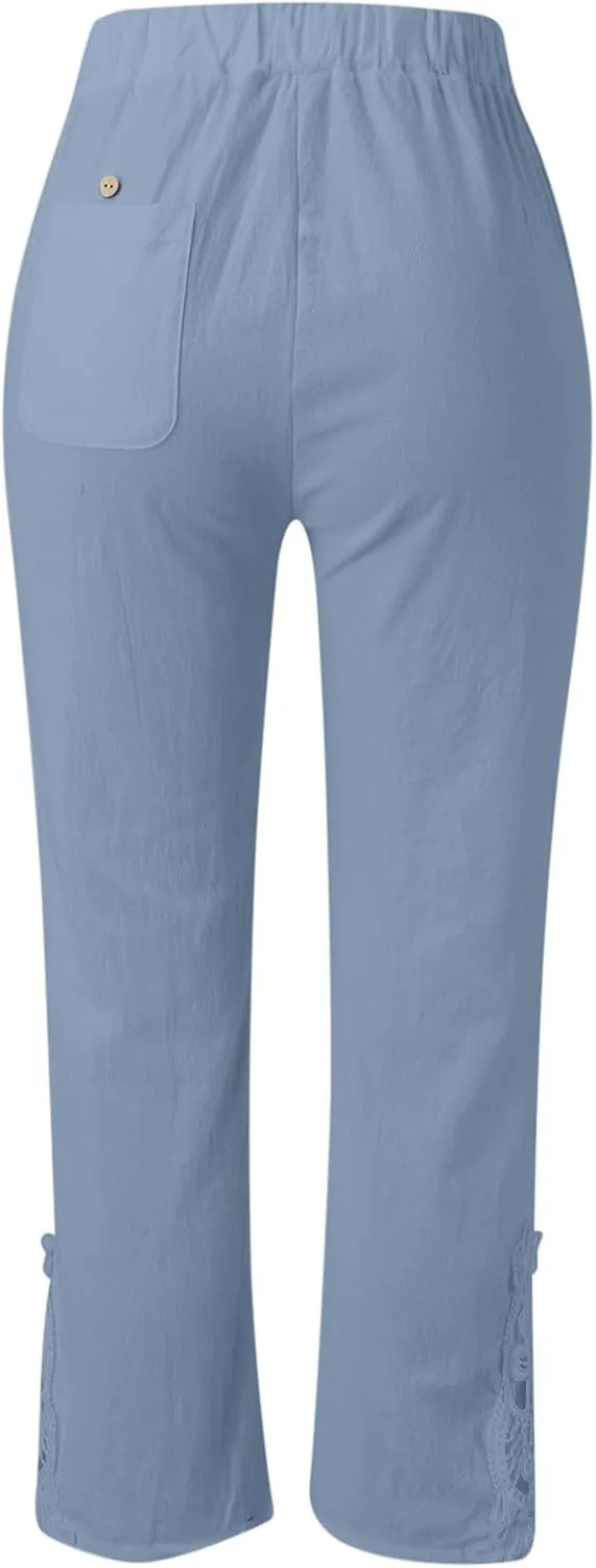 Linen Pants for Ladies Summer Casual Side Button Drawstring Pants Lightweight Beach Pants Comfy Work Pants Loose Streeweat
