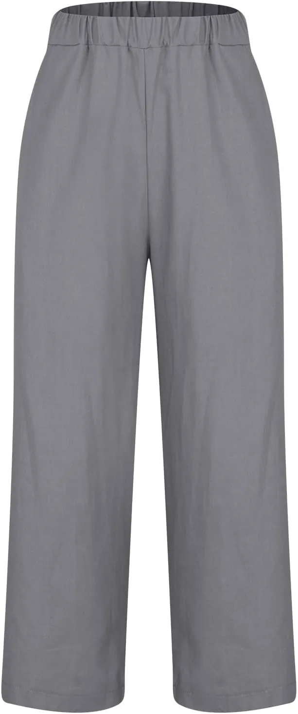 Linen Pants for Women Summer Casual Cropped Pants Straight Leg Beach Pants High Waisted Lounge Pants with Pockets