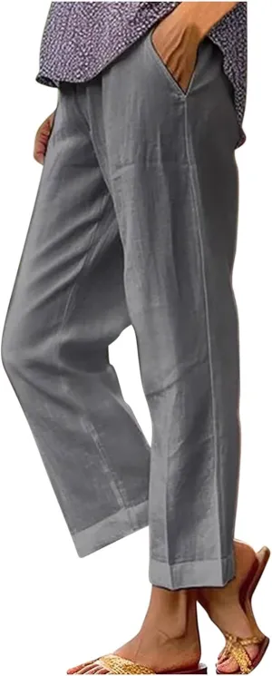 Linen Pants for Women Summer Casual Cropped Pants Straight Leg Beach Pants High Waisted Lounge Pants with Pockets