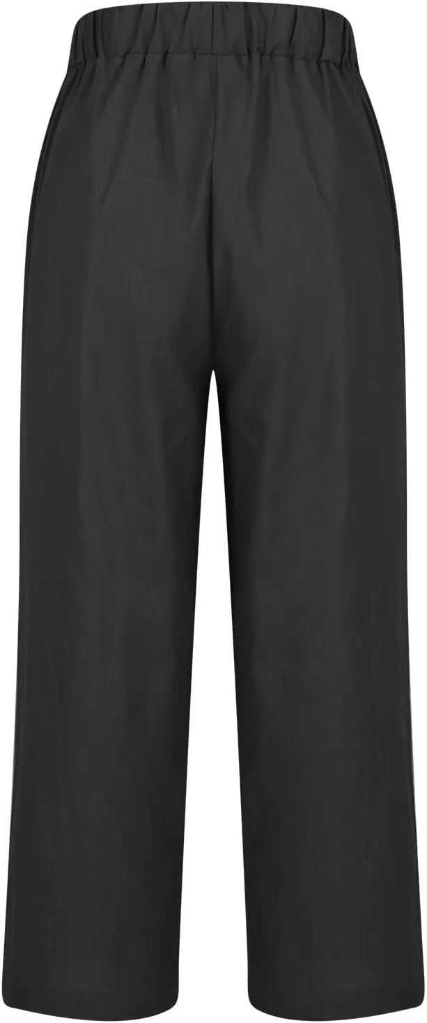 Linen Pants for Women Summer Casual Cropped Pants Straight Leg Beach Pants High Waisted Lounge Pants with Pockets