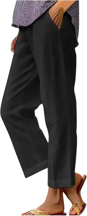 Linen Pants for Women Summer Casual Cropped Pants Straight Leg Beach Pants High Waisted Lounge Pants with Pockets