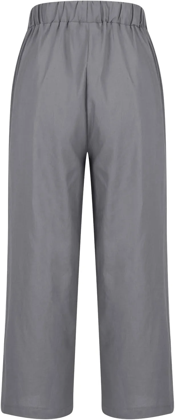 Linen Pants for Women Summer Casual Cropped Pants Straight Leg Beach Pants High Waisted Lounge Pants with Pockets