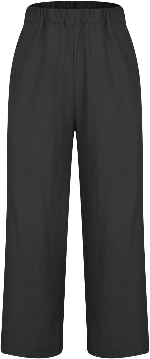 Linen Pants for Women Summer Casual Cropped Pants Straight Leg Beach Pants High Waisted Lounge Pants with Pockets