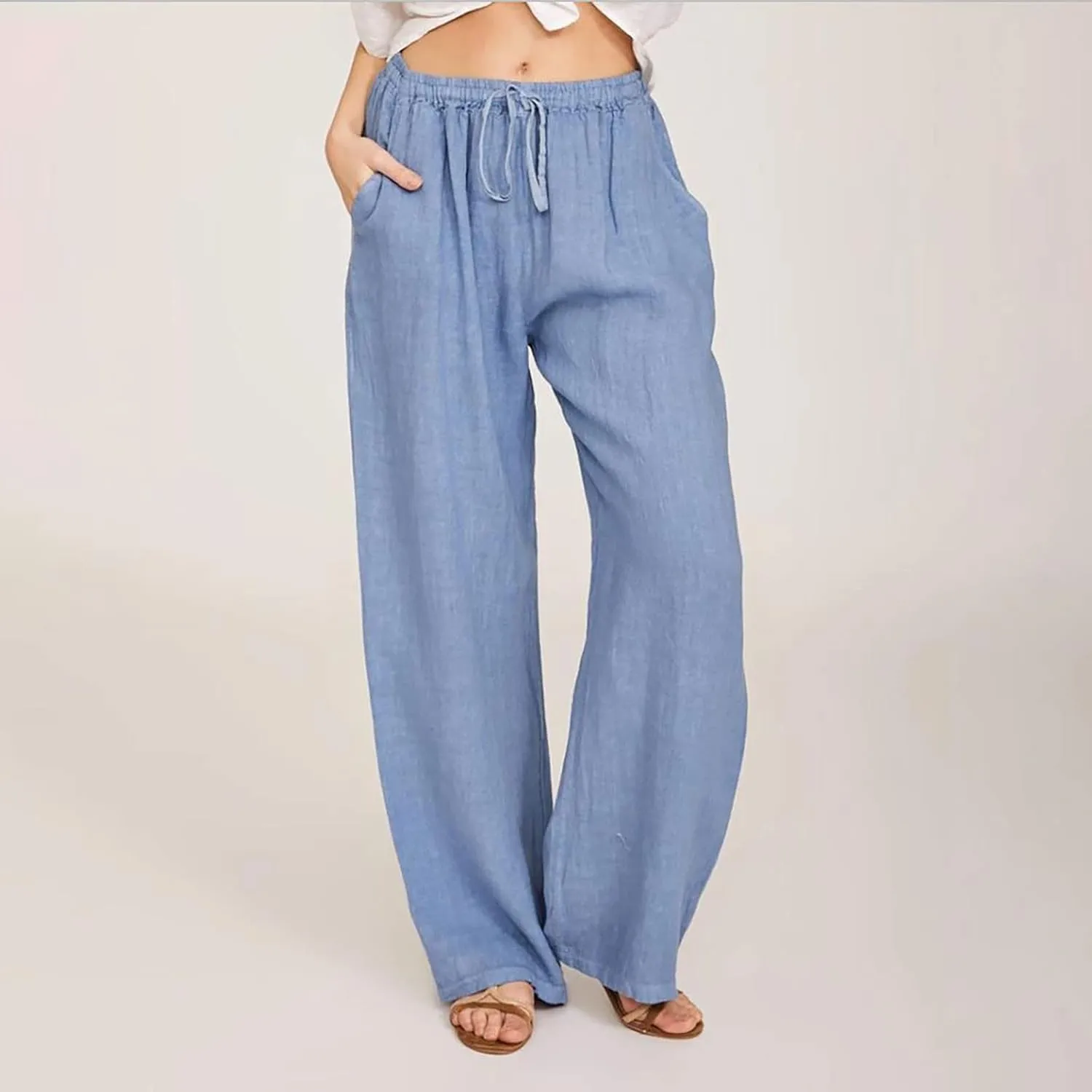Linen Pants Women Elastic Waist Casual Pant Summer Lounge Trouser Plus Size Wide Leg Loose Slacks Clothes with Pockets
