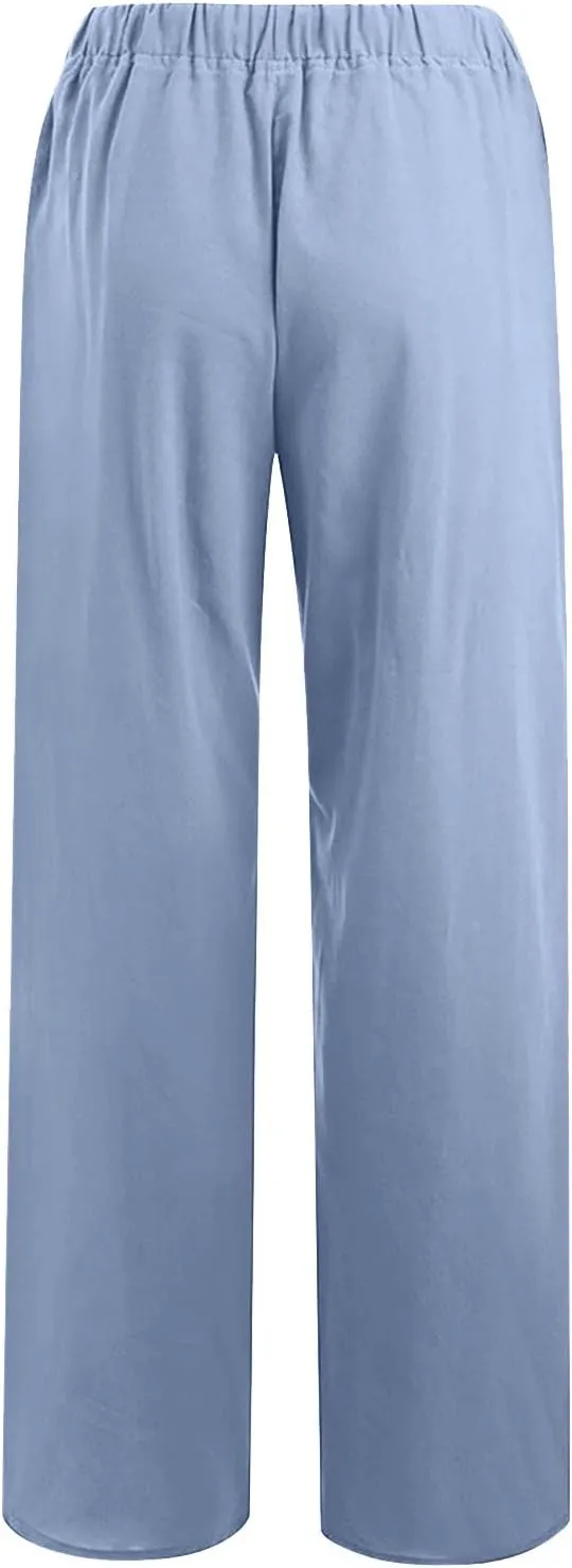 Linen Pants Women Elastic Waist Casual Pant Summer Lounge Trouser Plus Size Wide Leg Loose Slacks Clothes with Pockets