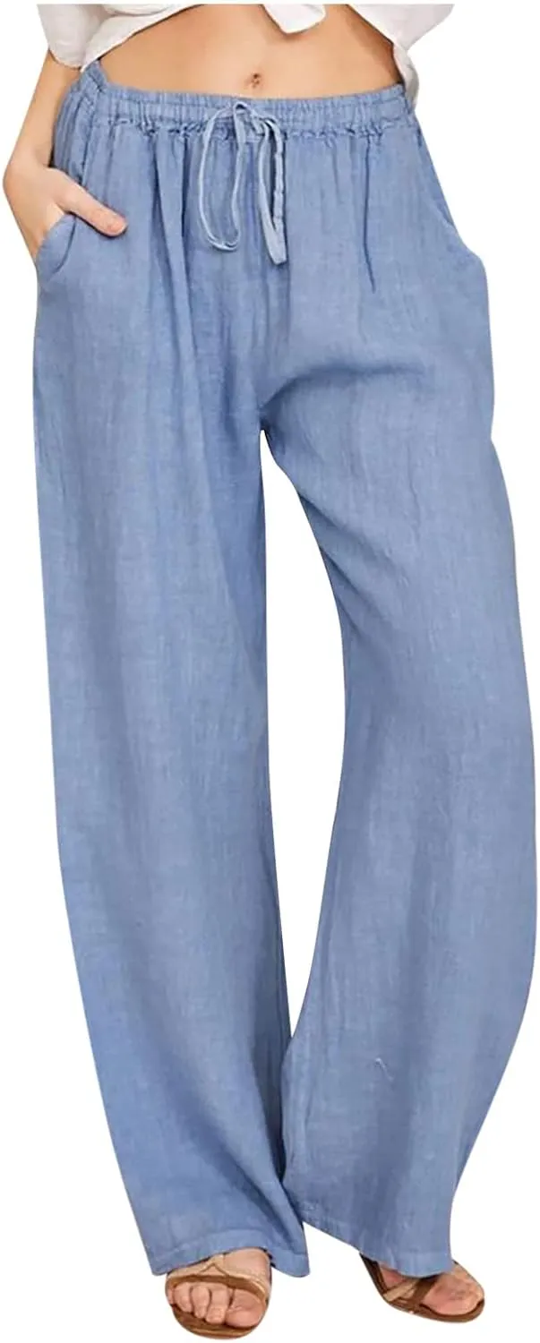 Linen Pants Women Elastic Waist Casual Pant Summer Lounge Trouser Plus Size Wide Leg Loose Slacks Clothes with Pockets
