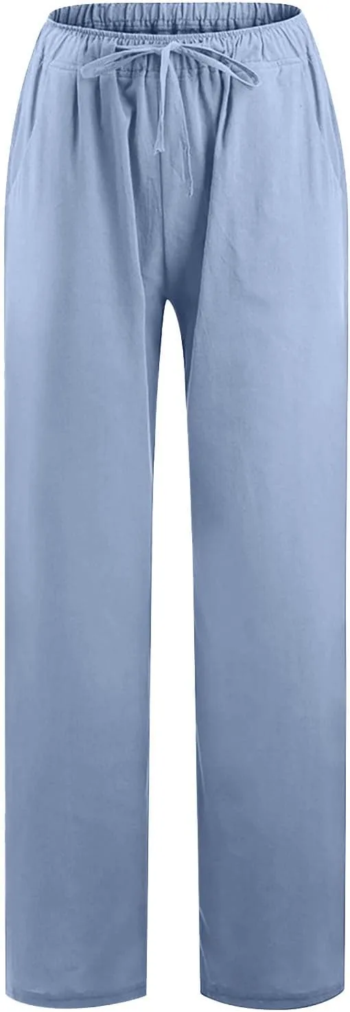 Linen Pants Women Elastic Waist Casual Pant Summer Lounge Trouser Plus Size Wide Leg Loose Slacks Clothes with Pockets