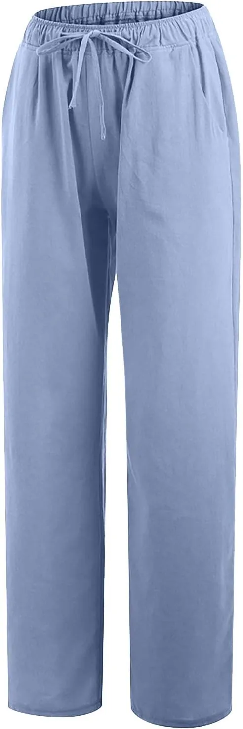 Linen Pants Women Elastic Waist Casual Pant Summer Lounge Trouser Plus Size Wide Leg Loose Slacks Clothes with Pockets