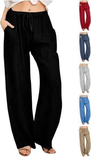 Linen Pants Women Summer Wide Leg Pants Drawstring Elastic Waist Pants High Waisted Lounge Pants Casual Beach Trousers