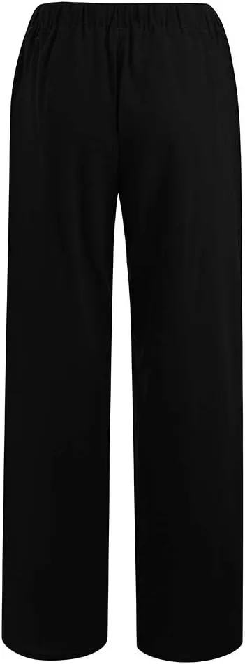 Linen Pants Women Summer Wide Leg Pants Drawstring Elastic Waist Pants High Waisted Lounge Pants Casual Beach Trousers