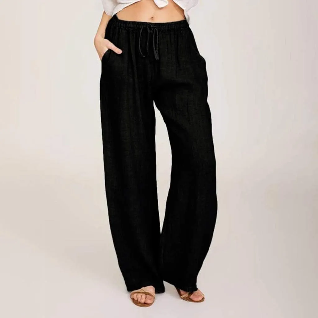 Linen Pants Women Summer Wide Leg Pants Drawstring Elastic Waist Pants High Waisted Lounge Pants Casual Beach Trousers