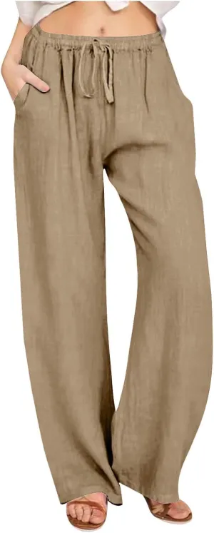 Linen Pants Women Summer Wide Leg Pants Drawstring Elastic Waist Pants High Waisted Lounge Pants Casual Beach Trousers