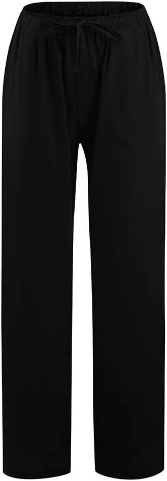 Linen Pants Women Summer Wide Leg Pants Drawstring Elastic Waist Pants High Waisted Lounge Pants Casual Beach Trousers