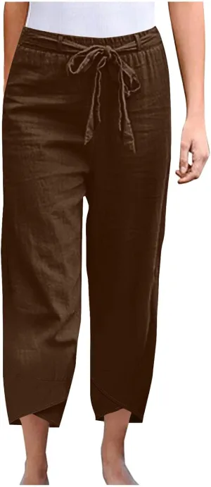 Linen Pants Women Vacation Boho Pants Drawstring Waist Linen Pants Summer Loose Fit Capri Pants Solid Trendy Trousers