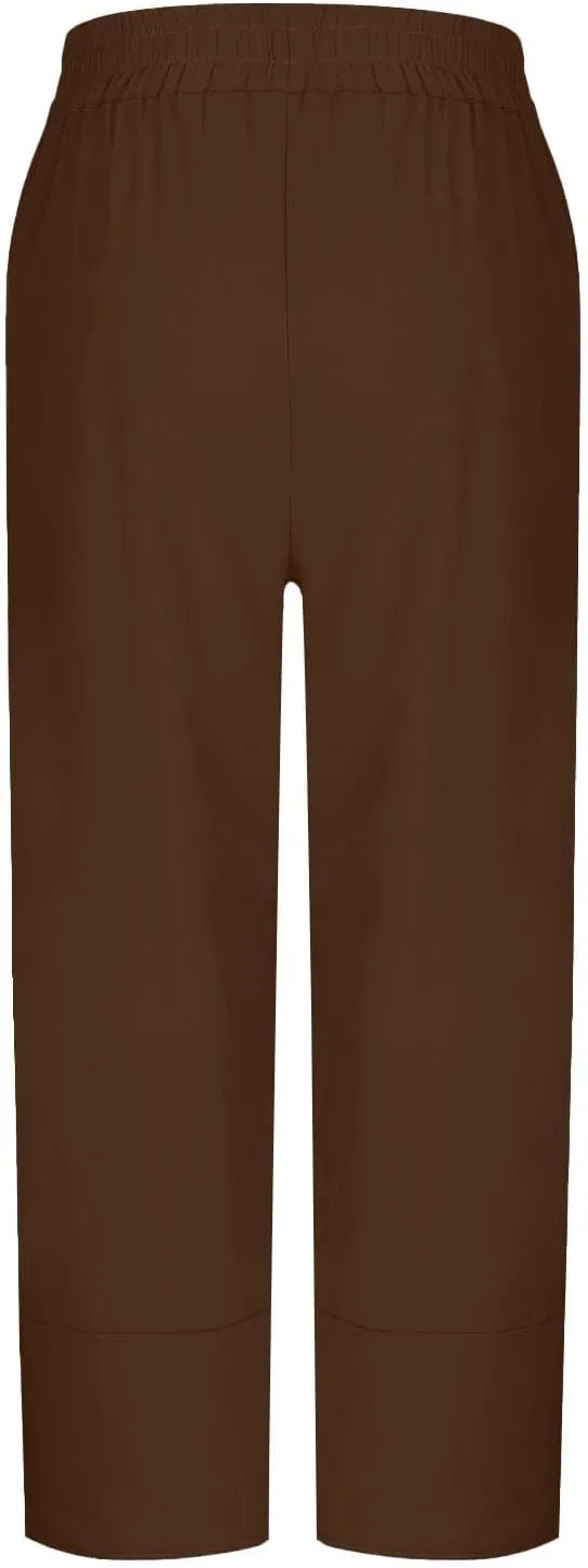 Linen Pants Women Vacation Boho Pants Drawstring Waist Linen Pants Summer Loose Fit Capri Pants Solid Trendy Trousers