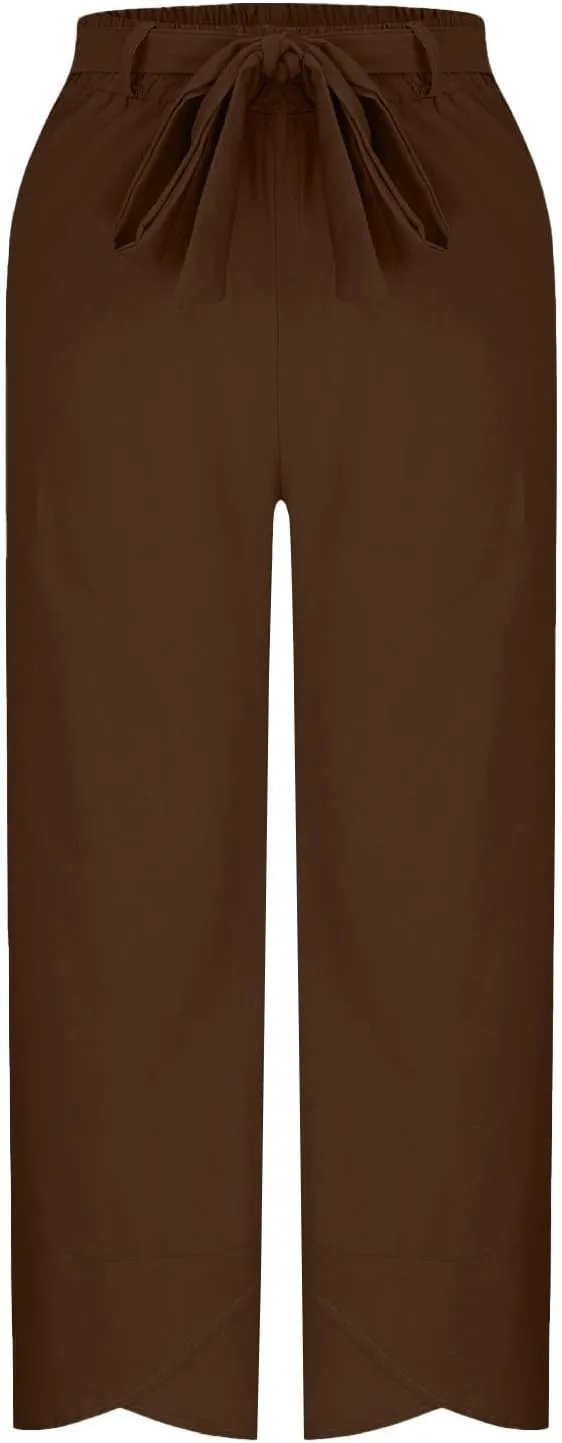 Linen Pants Women Vacation Boho Pants Drawstring Waist Linen Pants Summer Loose Fit Capri Pants Solid Trendy Trousers