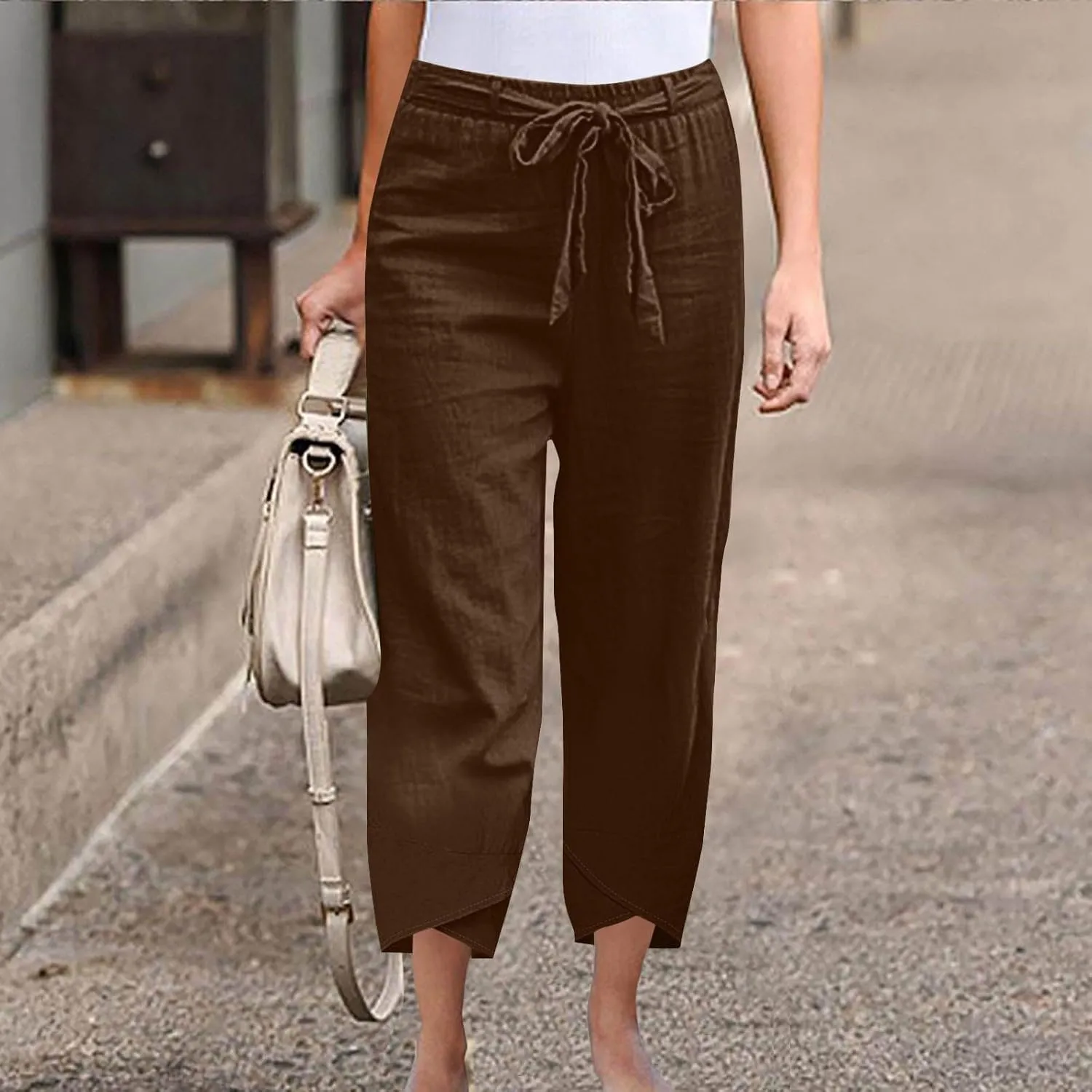 Linen Pants Women Vacation Boho Pants Drawstring Waist Linen Pants Summer Loose Fit Capri Pants Solid Trendy Trousers