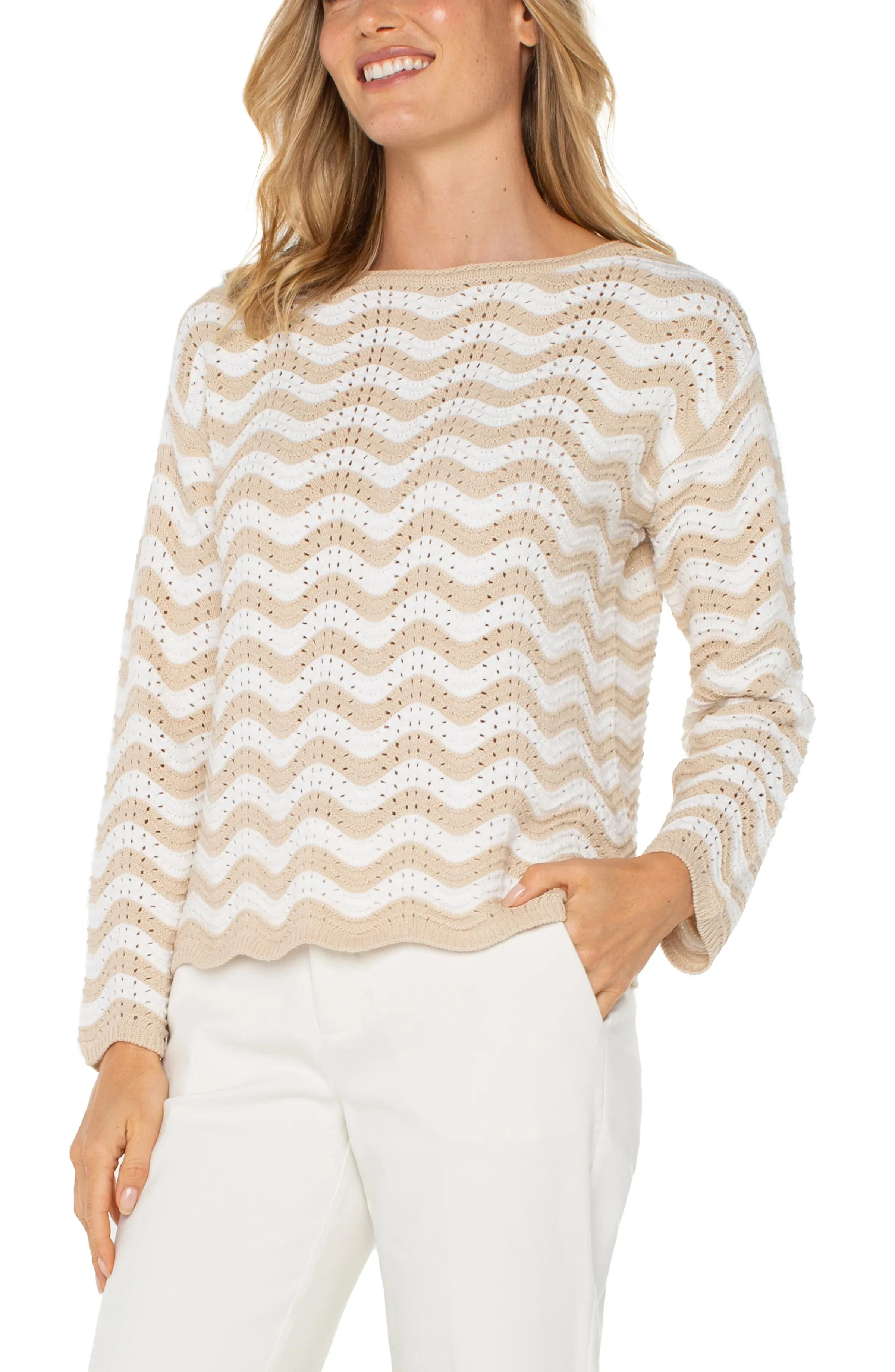Lisa Long Sleeve Boatneck Sweater in Tan Ivory Stripe- Liverpool Los Angeles LM8F68SK64
