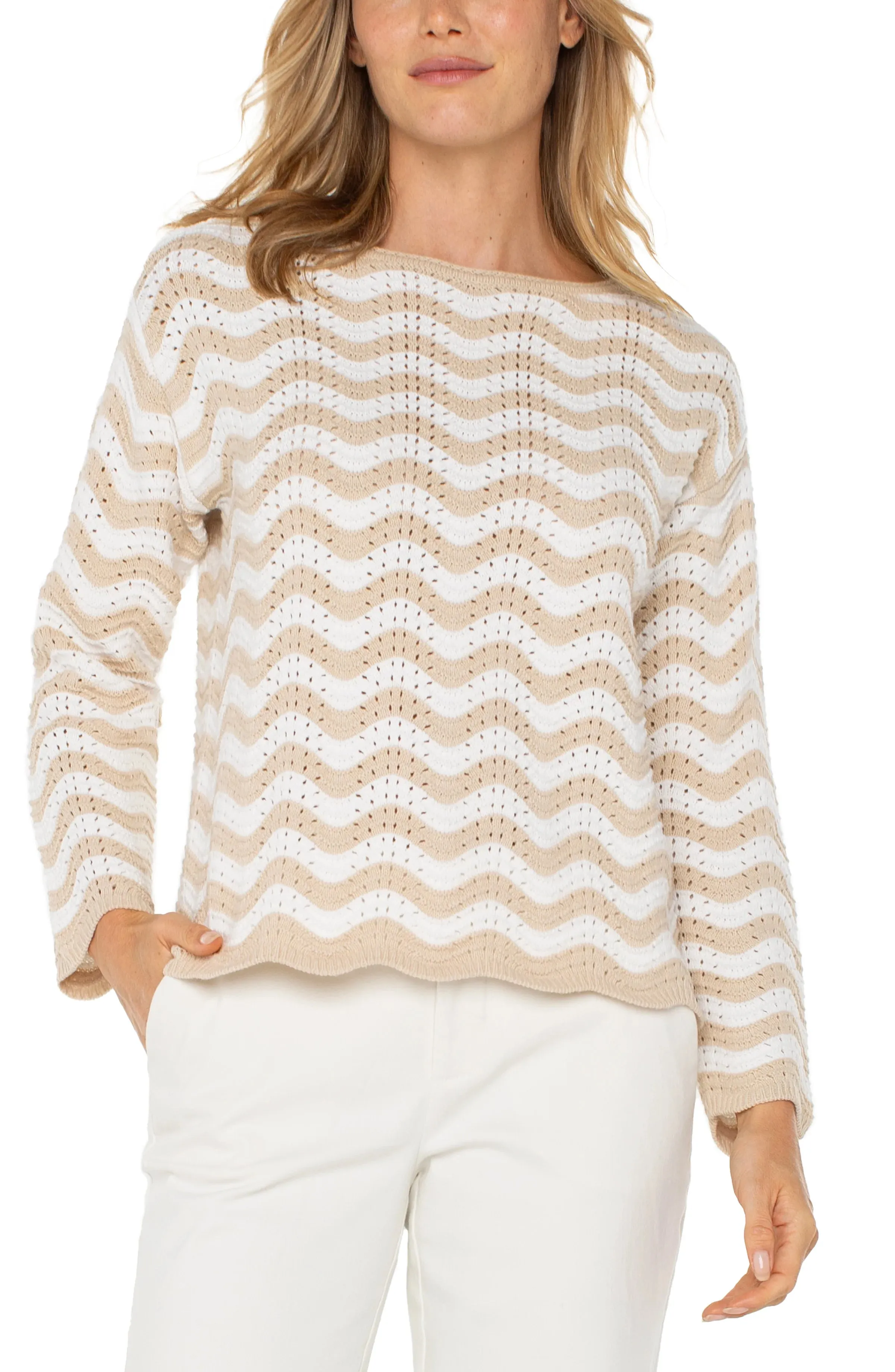 Lisa Long Sleeve Boatneck Sweater in Tan Ivory Stripe- Liverpool Los Angeles LM8F68SK64