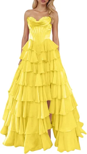 Long Formal Dresses for Women Corset Tiered 2025 Chiffon Strapless Ruffle Prom Dress A-Line Slit Evening Party Gown