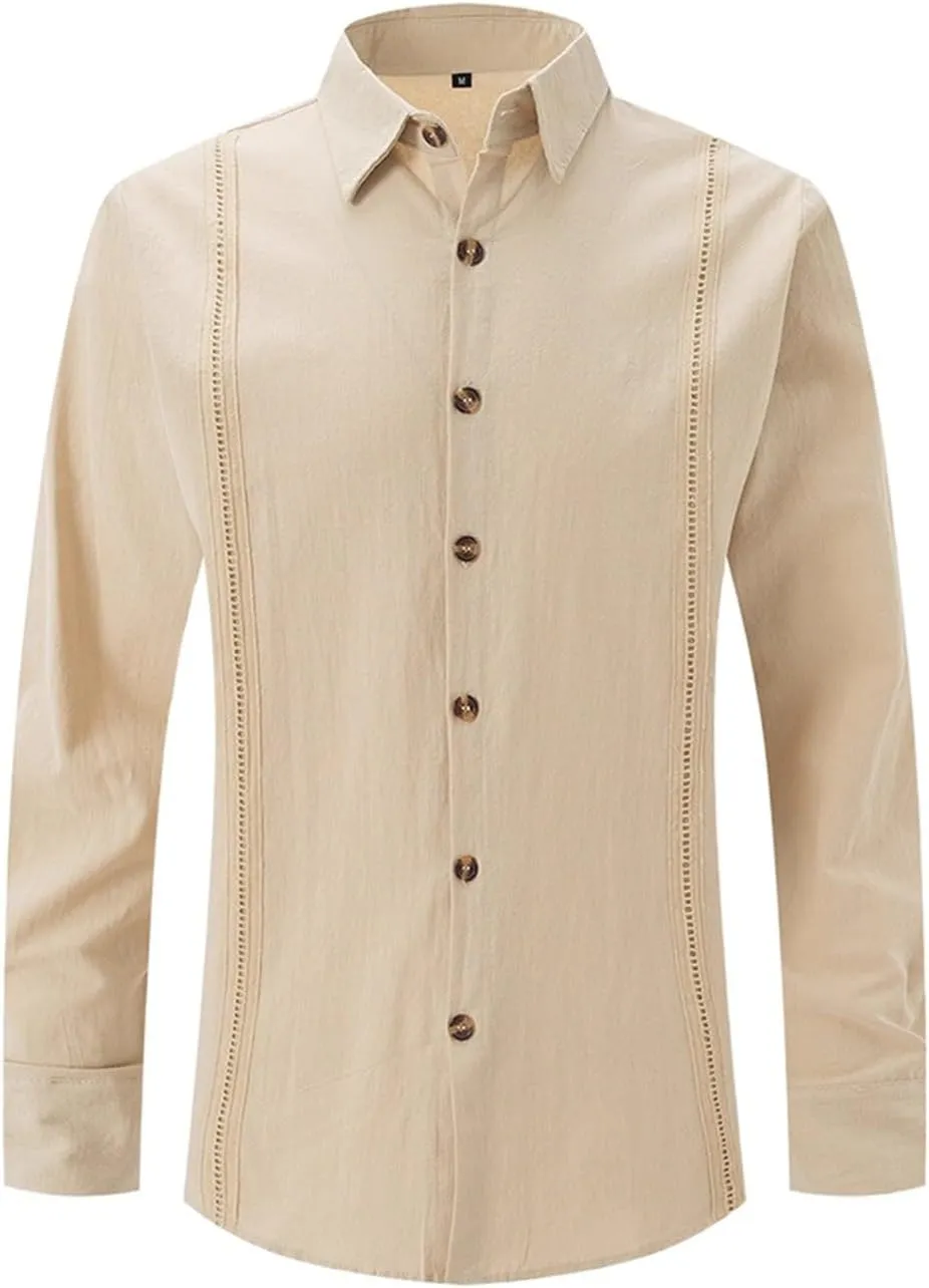 Long Sleeve Linen Shirts for Men Business Casual Button Up Shirts Lightweight Summer Beach Polo Shirts