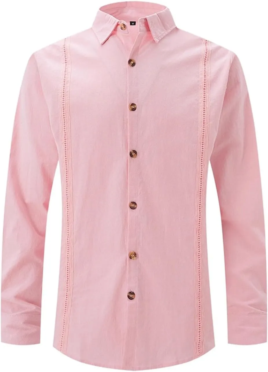 Long Sleeve Linen Shirts for Men Business Casual Button Up Shirts Lightweight Summer Beach Polo Shirts