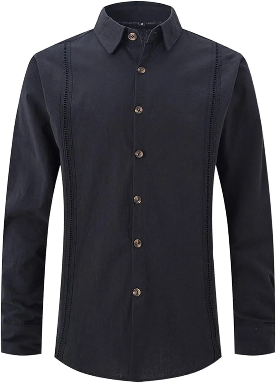 Long Sleeve Linen Shirts for Men Business Casual Button Up Shirts Lightweight Summer Beach Polo Shirts