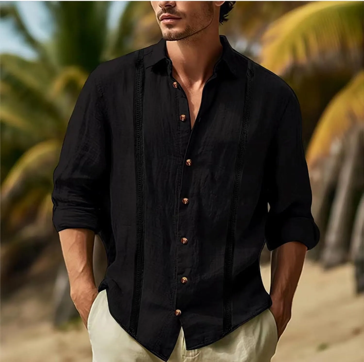 Long Sleeve Linen Shirts for Men Business Casual Button Up Shirts Lightweight Summer Beach Polo Shirts
