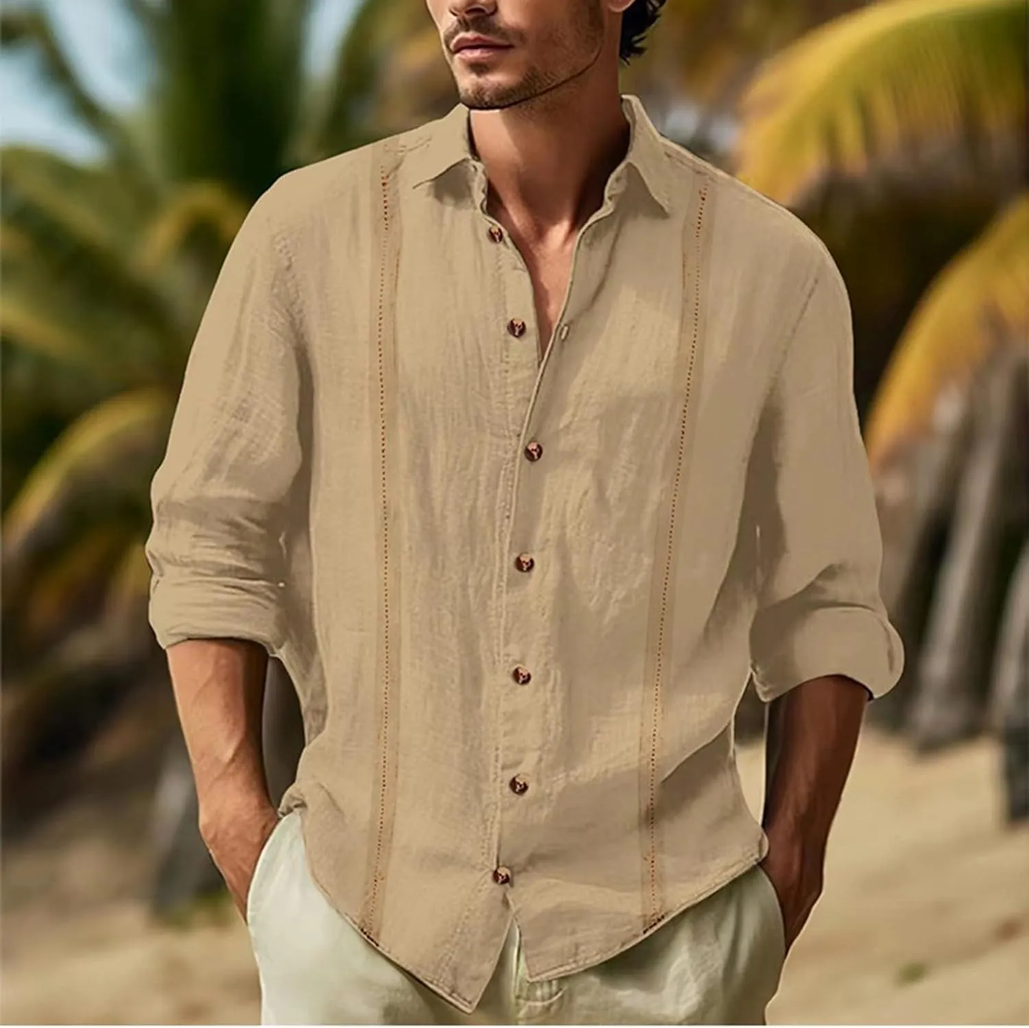 Long Sleeve Linen Shirts for Men Business Casual Button Up Shirts Lightweight Summer Beach Polo Shirts