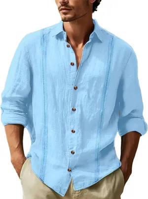 Long Sleeve Linen Shirts for Men Business Casual Button Up Shirts Lightweight Summer Beach Polo Shirts