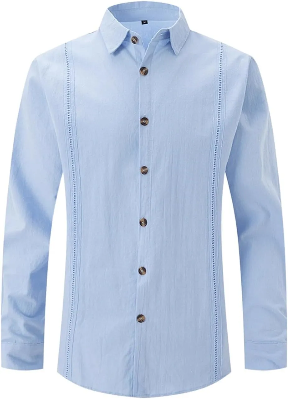 Long Sleeve Linen Shirts for Men Business Casual Button Up Shirts Lightweight Summer Beach Polo Shirts