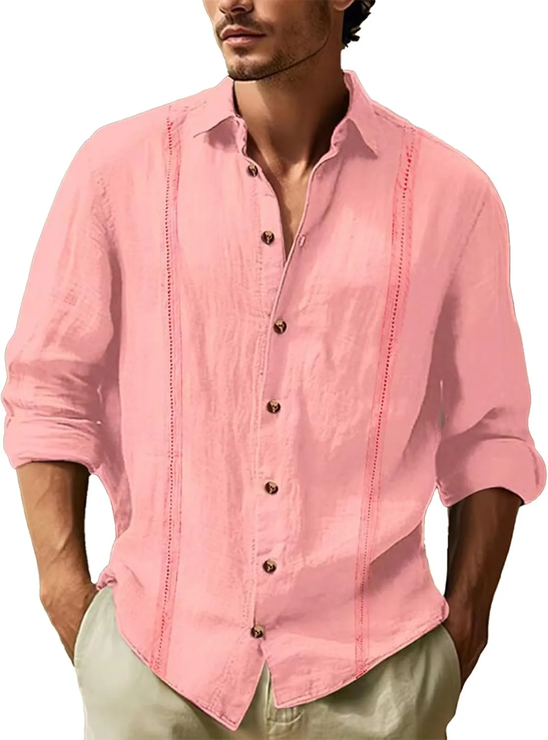 Long Sleeve Linen Shirts for Men Business Casual Button Up Shirts Lightweight Summer Beach Polo Shirts