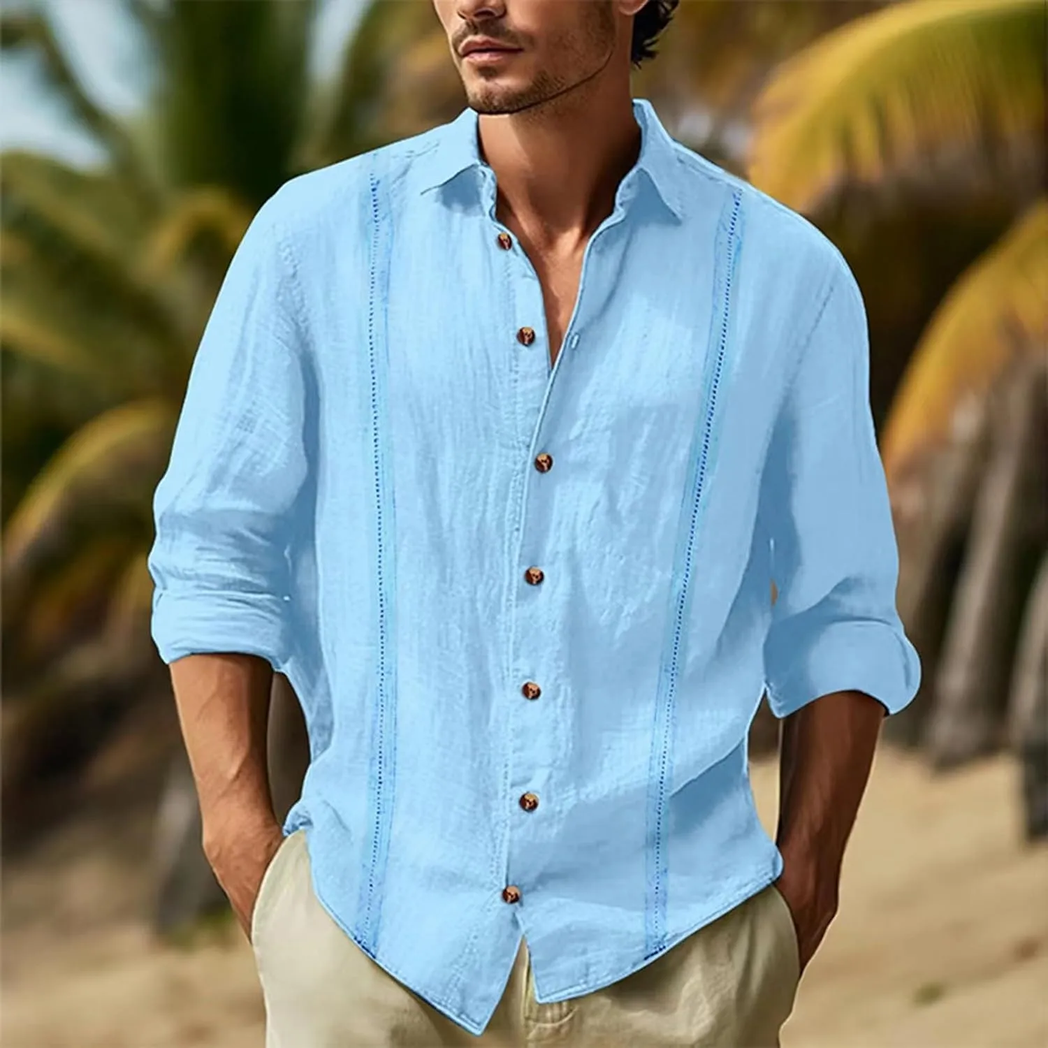 Long Sleeve Linen Shirts for Men Business Casual Button Up Shirts Lightweight Summer Beach Polo Shirts