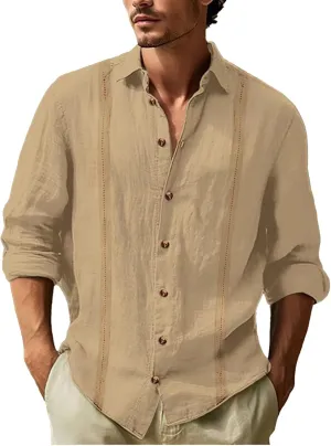 Long Sleeve Linen Shirts for Men Business Casual Button Up Shirts Lightweight Summer Beach Polo Shirts