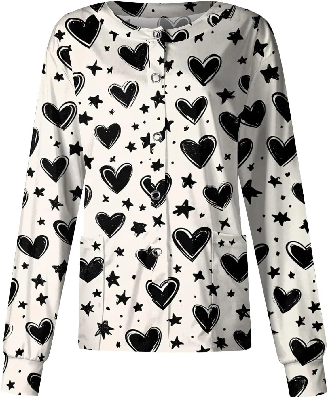 Long Sleeve Scrub Jackets Print Scrub Jackets for Women Snap Front Cute Animals Pattern Medical Nurse Working Uniforms