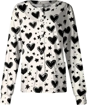 Long Sleeve Scrub Jackets Print Scrub Jackets for Women Snap Front Cute Animals Pattern Medical Nurse Working Uniforms