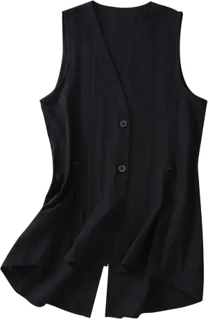 Long Vests for Women Dressy Casual Cotton Linen Waistcoat Sleeveless Shirts Cardigan Ladies Summer Loose Fit Vests