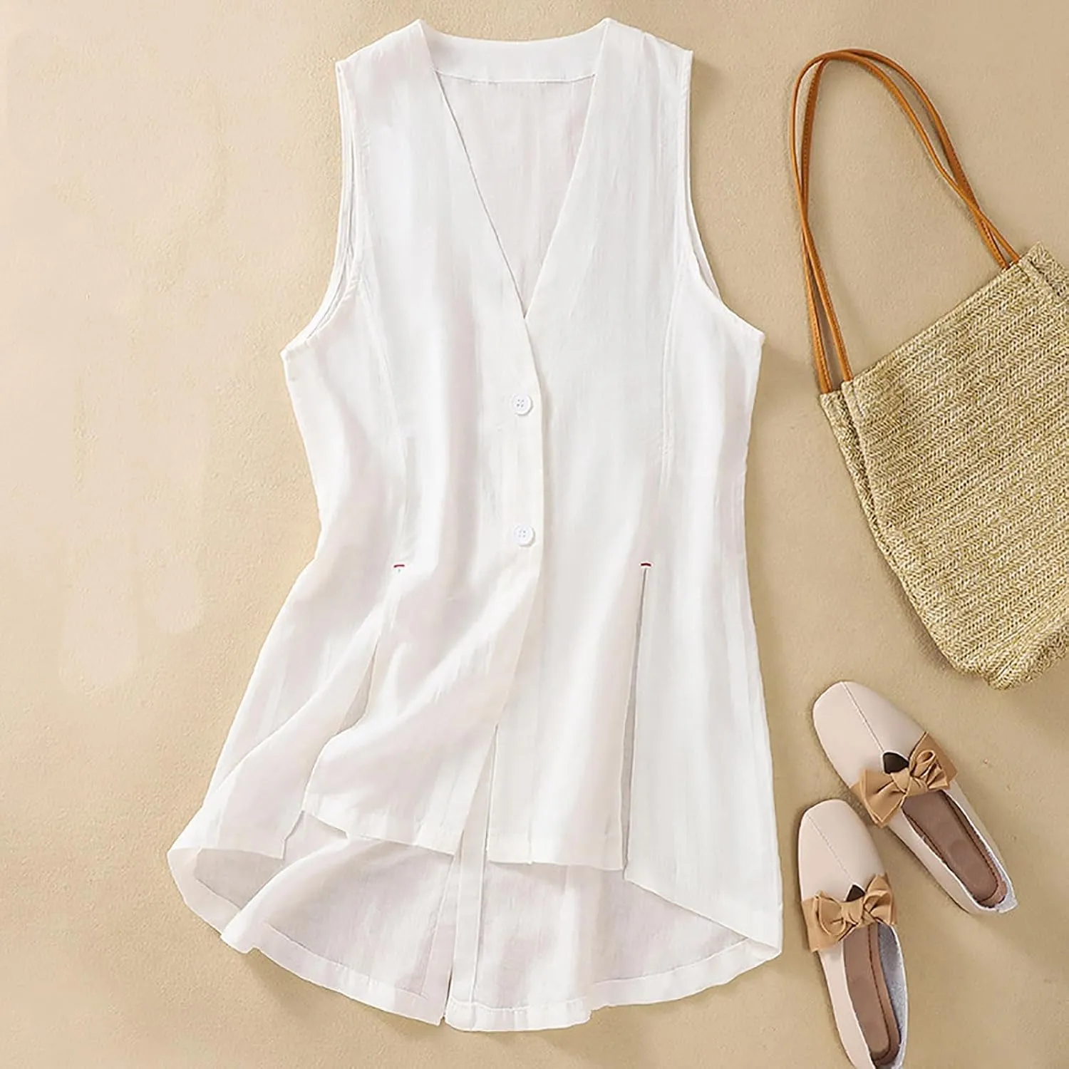Long Vests for Women Dressy Casual Cotton Linen Waistcoat Sleeveless Shirts Cardigan Ladies Summer Loose Fit Vests