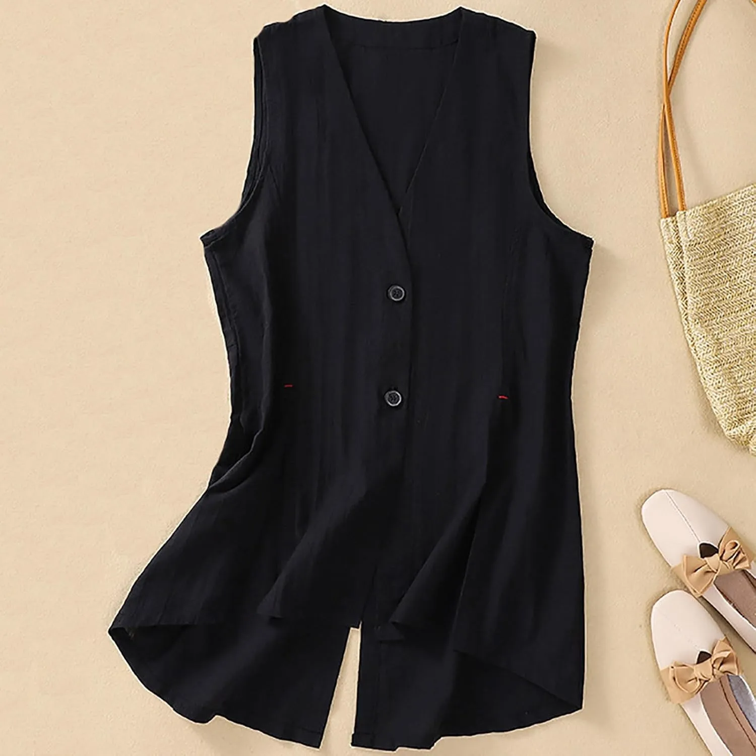 Long Vests for Women Dressy Casual Cotton Linen Waistcoat Sleeveless Shirts Cardigan Ladies Summer Loose Fit Vests