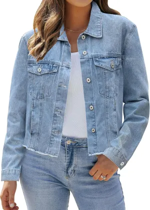LookbookStore Jean Jackets for Women Trendy Button Down Denim Trucker Jackets Long Sleeves Frayed Hem Shacket Jacket