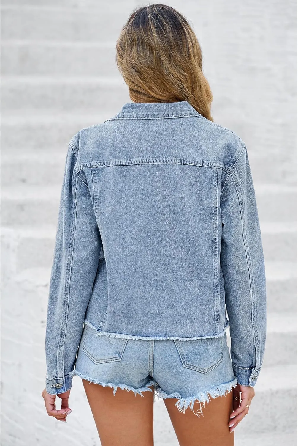 LookbookStore Jean Jackets for Women Trendy Button Down Denim Trucker Jackets Long Sleeves Frayed Hem Shacket Jacket