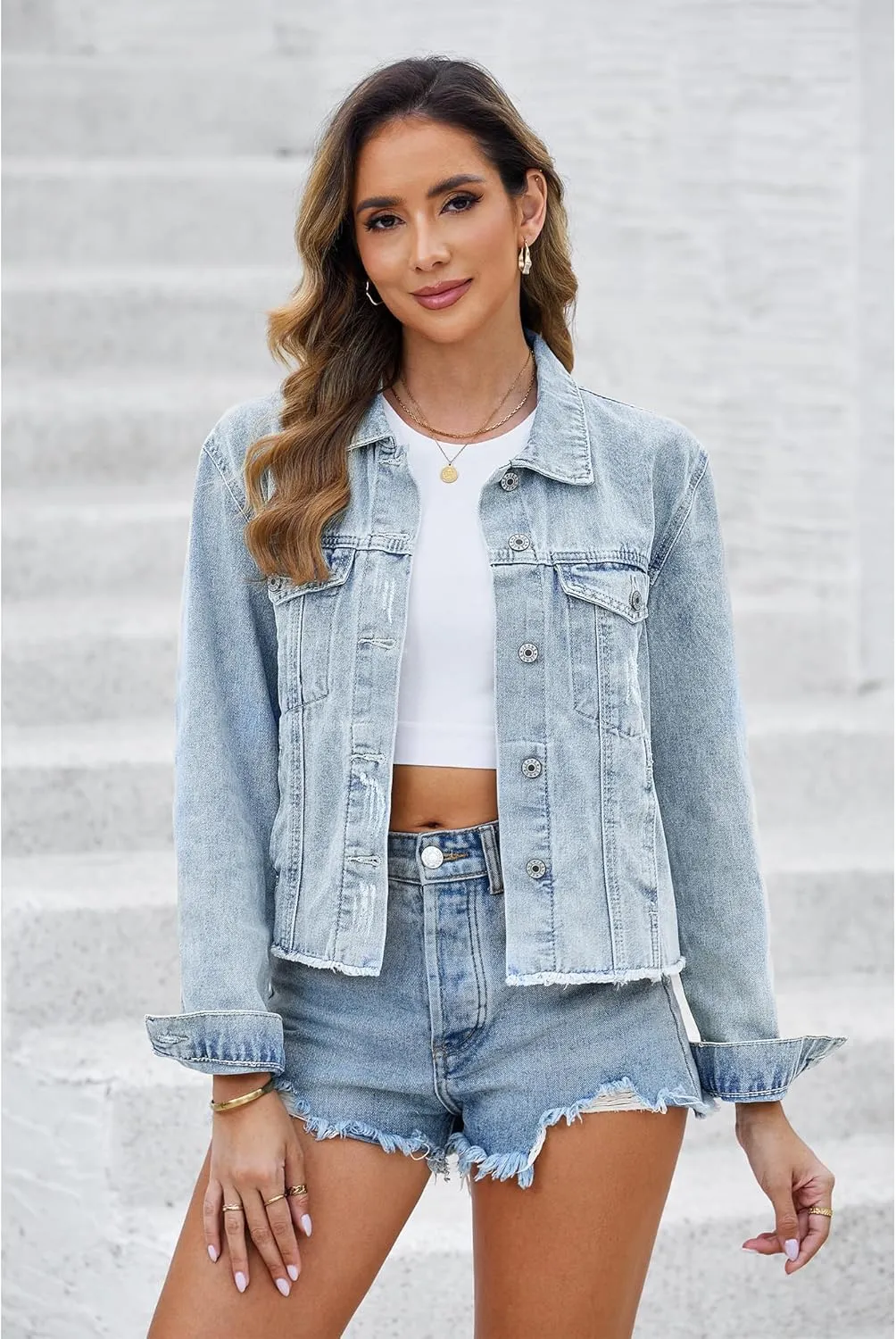 LookbookStore Jean Jackets for Women Trendy Button Down Denim Trucker Jackets Long Sleeves Frayed Hem Shacket Jacket