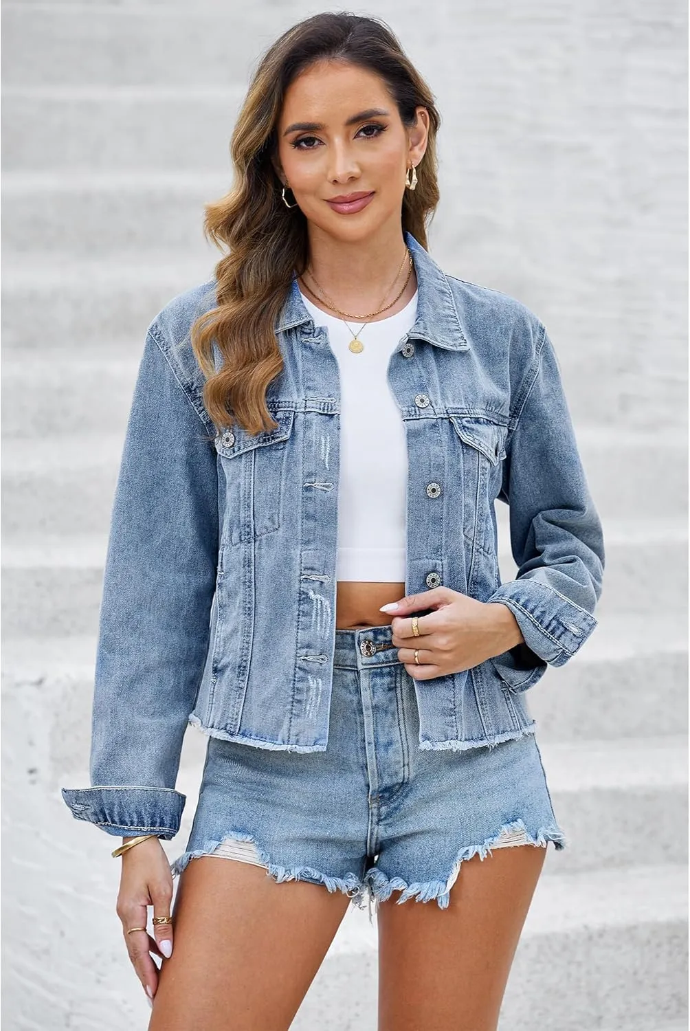 LookbookStore Jean Jackets for Women Trendy Button Down Denim Trucker Jackets Long Sleeves Frayed Hem Shacket Jacket