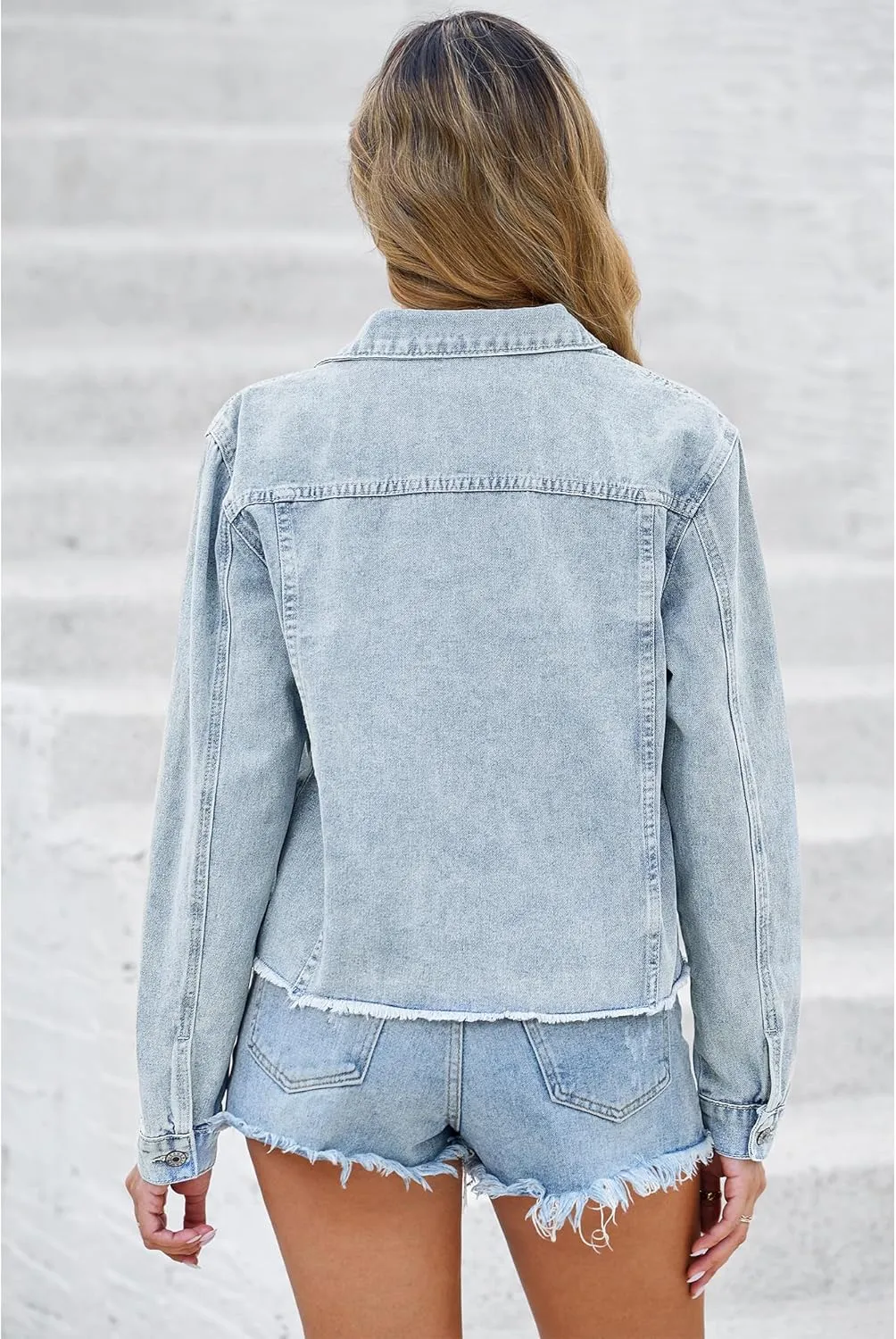 LookbookStore Jean Jackets for Women Trendy Button Down Denim Trucker Jackets Long Sleeves Frayed Hem Shacket Jacket