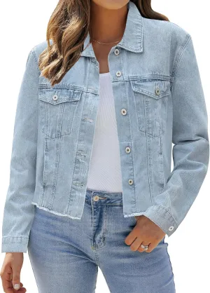 LookbookStore Jean Jackets for Women Trendy Button Down Denim Trucker Jackets Long Sleeves Frayed Hem Shacket Jacket