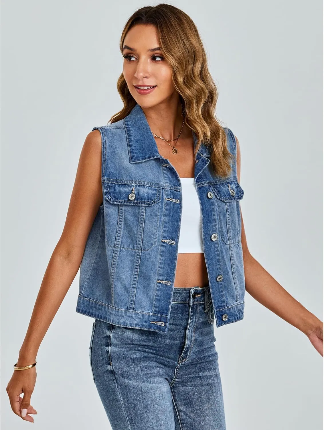 luvamia Denim Vest for Women Sleeveless Cropped Jean Jacket Vests Top Western Outfit Fashion Casual Vests with Pockets