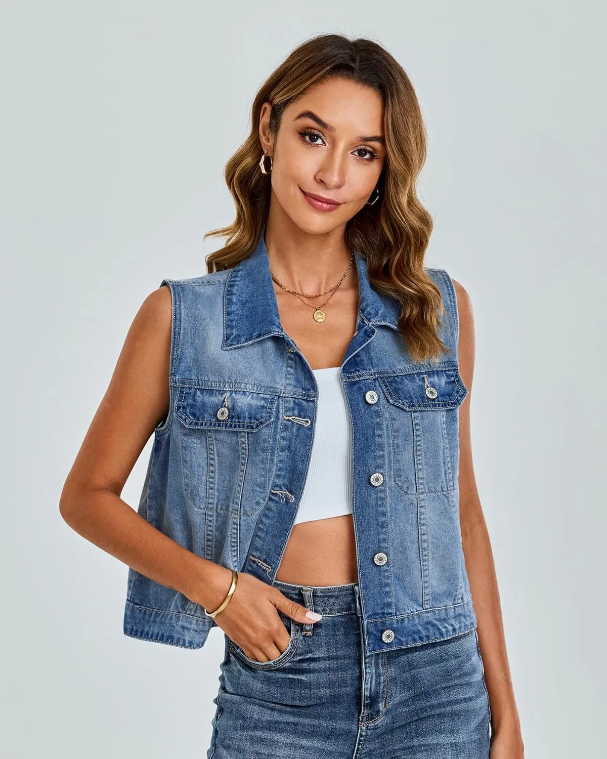luvamia Denim Vest for Women Sleeveless Cropped Jean Jacket Vests Top Western Outfit Fashion Casual Vests with Pockets