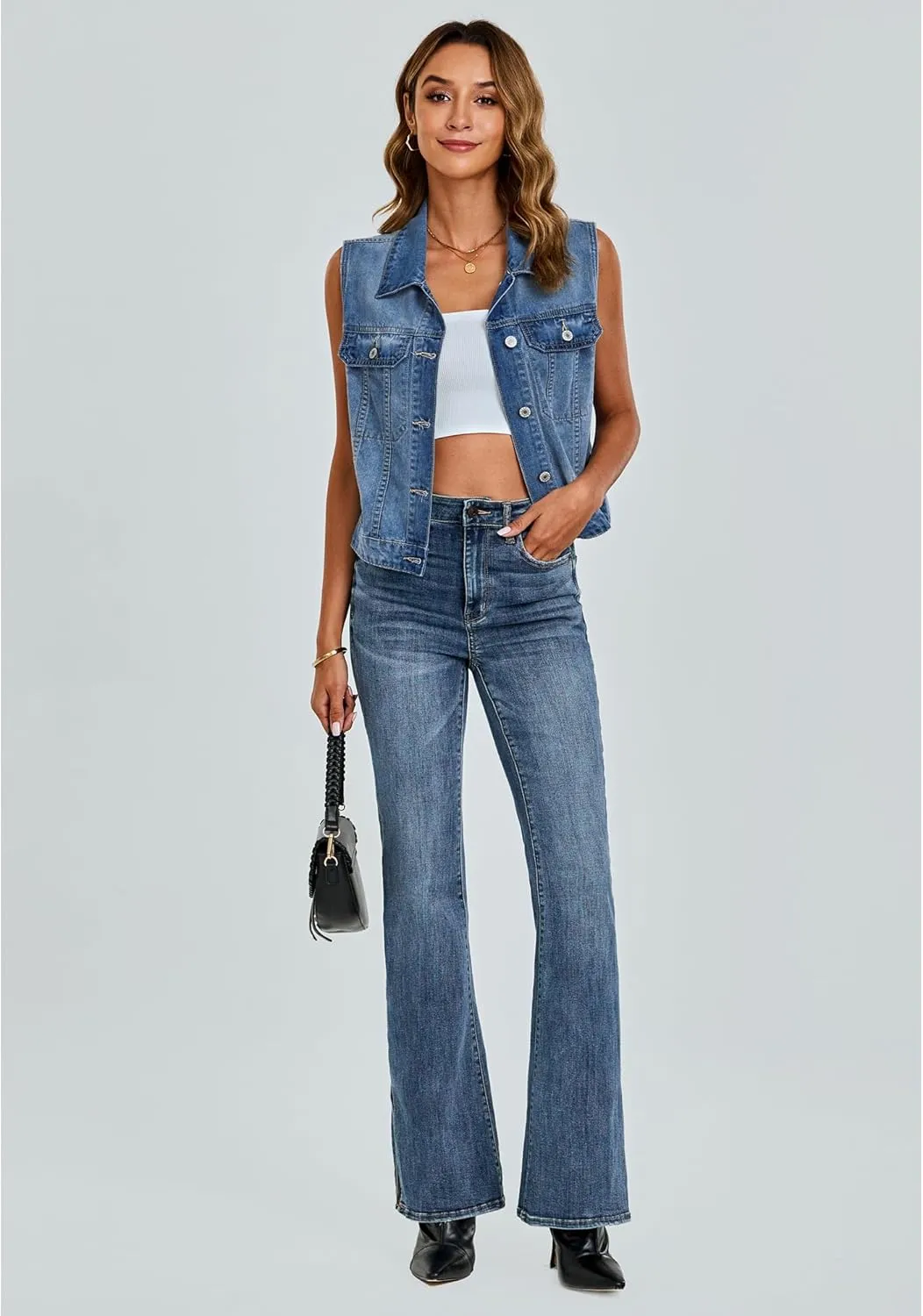 luvamia Denim Vest for Women Sleeveless Cropped Jean Jacket Vests Top Western Outfit Fashion Casual Vests with Pockets