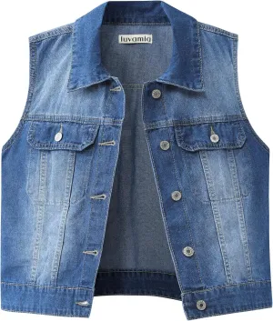 luvamia Denim Vest for Women Sleeveless Cropped Jean Jacket Vests Top Western Outfit Fashion Casual Vests with Pockets