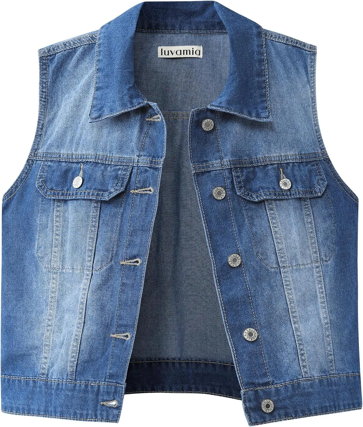 luvamia Denim Vest for Women Sleeveless Cropped Jean Jacket Vests Top Western Outfit Fashion Casual Vests with Pockets